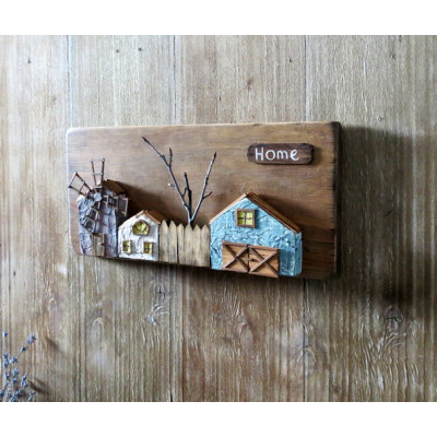 Деревянное панно для интерьера с домиками country house